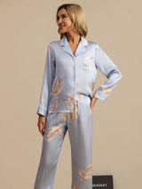 [Vaaleansininen] SilkSilky-FI Long Sleeve Notkokaulus Naisten Pyjamat 003