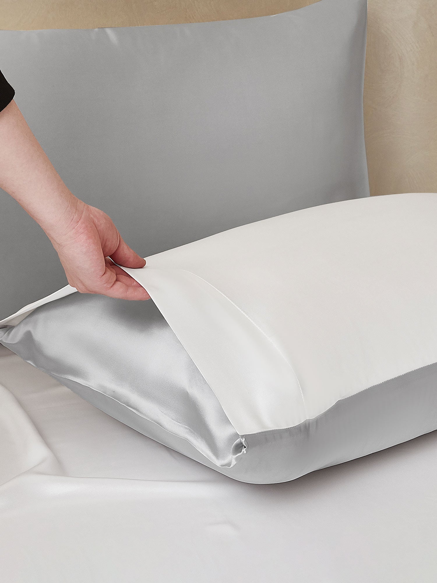 [VaaleanHarmaa+Valkoinen] SilkSilky-FI 22Momme Bedding Set 003,