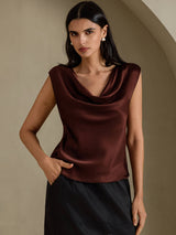 [Tumma Suklaa] SilkSilky-FI Cap Sleeve Cowl Neck Naisten T-paita 005
