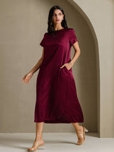 [Tummanpunainen] SilkSilky-FI Short Sleeve Crew Neck Mekko 007