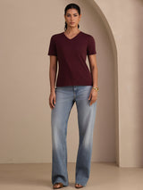 [Viini] SilkSilky-FI Short Sleeve V Neck Naisten T-paita 005