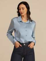 [Harmaansininen] SilkSilky-FI Long Sleeve Lapel Collar Naisten paita 005