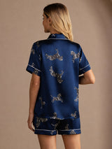 [Laivastonsininen Seepra] SilkSilky-FI Short Sleeve Lapel Collar Naisten Pyjamat 002