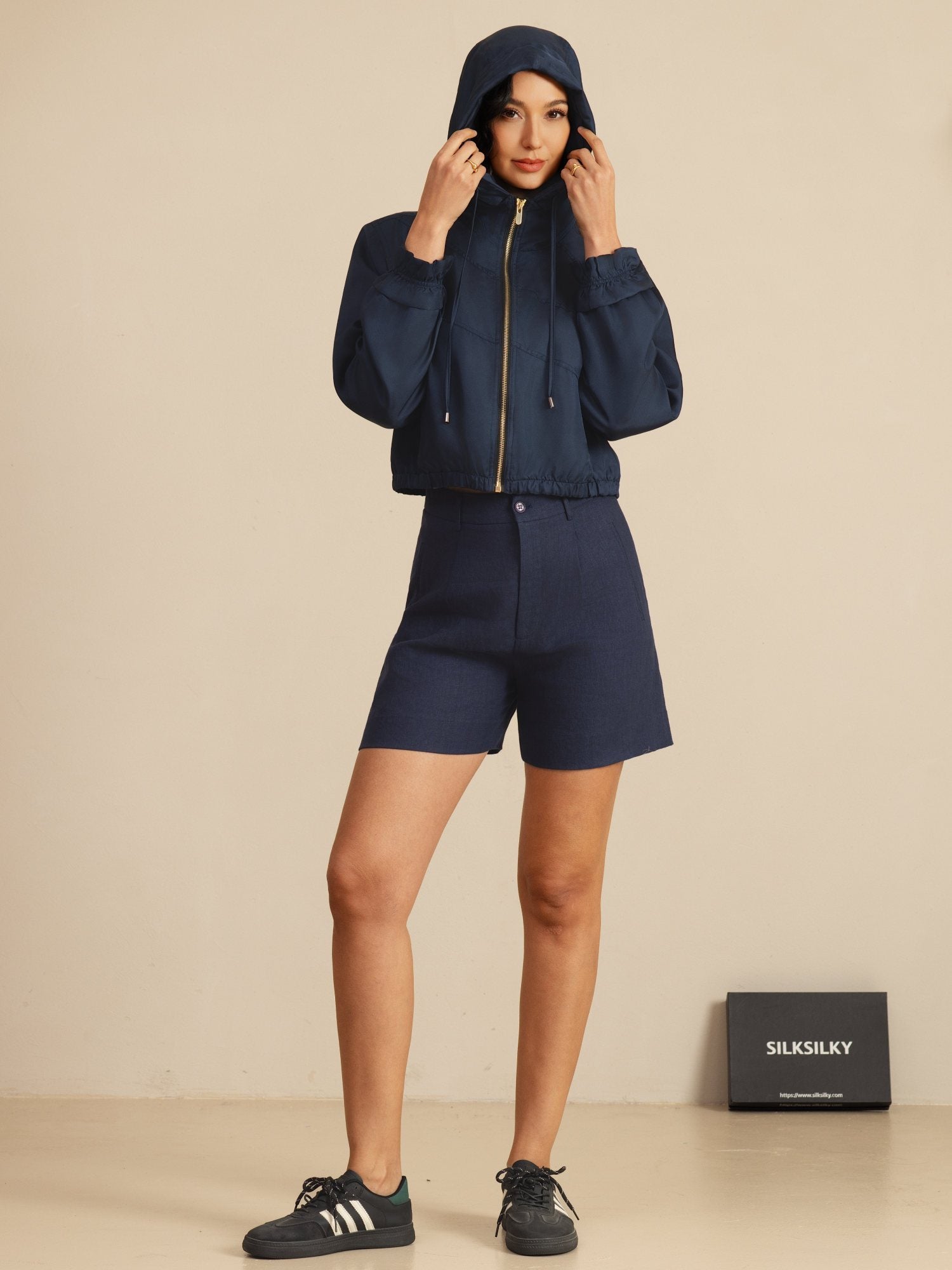 [Tummansininen] SilkSilky-FI 18Momme Pitkähihainen Korkea Kaulus Naisten Päällysvaatteet 008