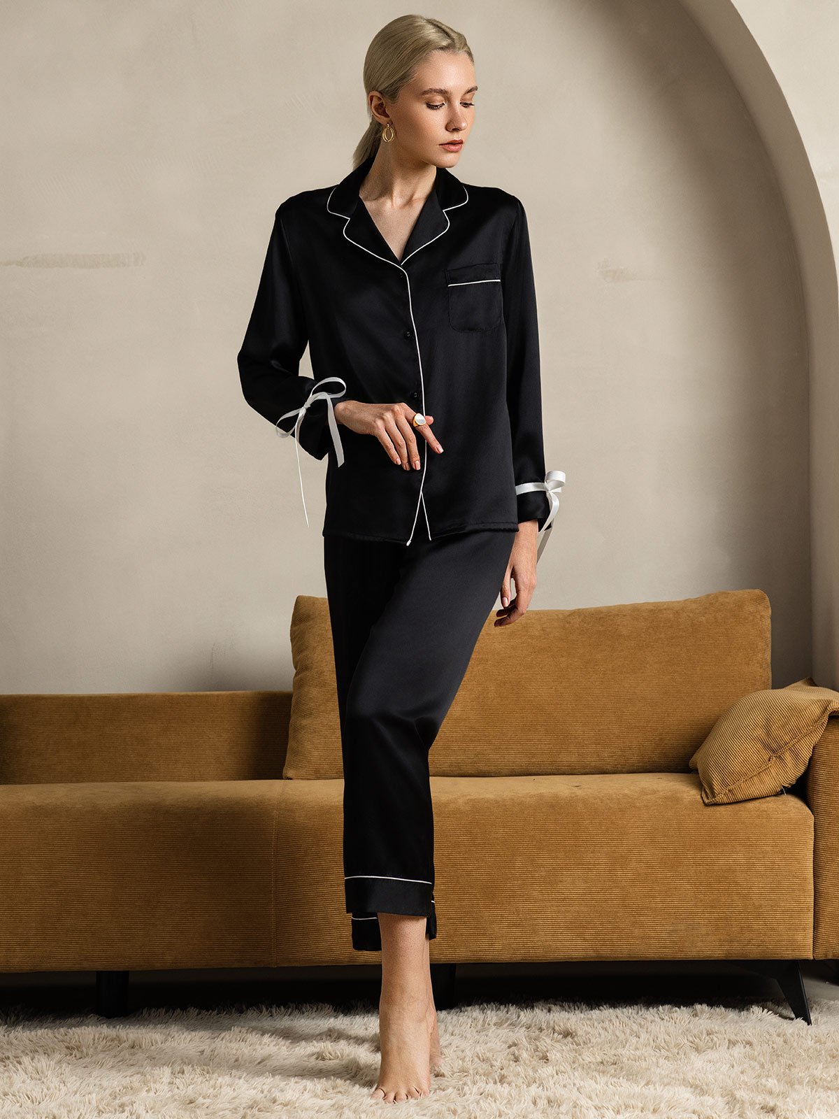[Musta] SilkSilky-FI Pure Silk Long Sleeve Lapel Naisten Pyjamat 008