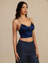 [Tummansininen] SilkSilky-FI Spaghetti Strap V Neck Camisole Top 002