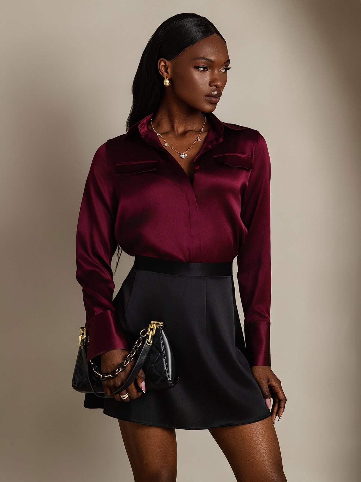 SilkSilky-FI 19Momme Womens Shirt Tummanpunainen 001