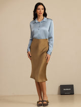 [Harmaansininen] SilkSilky-FI Long Sleeve Lapel Collar Naisten paita 007