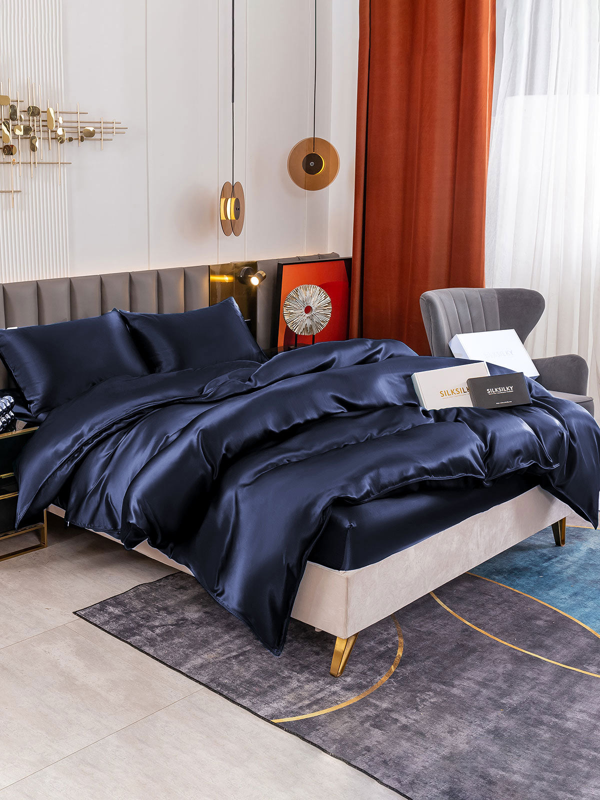 [Tummansininen] SilkSilky-FI 19Momme Bedding Set 002