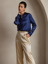 [Tummansininen] SilkSilky-FI Long Sleeve Lapel Collar Naisten paita 005