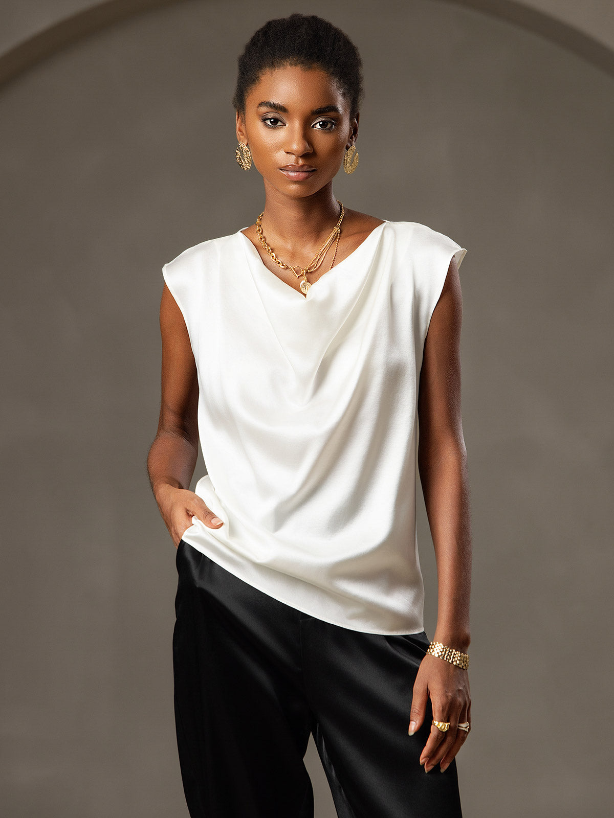 [Valkoinen] SilkSilky-FI 19Momme Womens T-Shirt 004