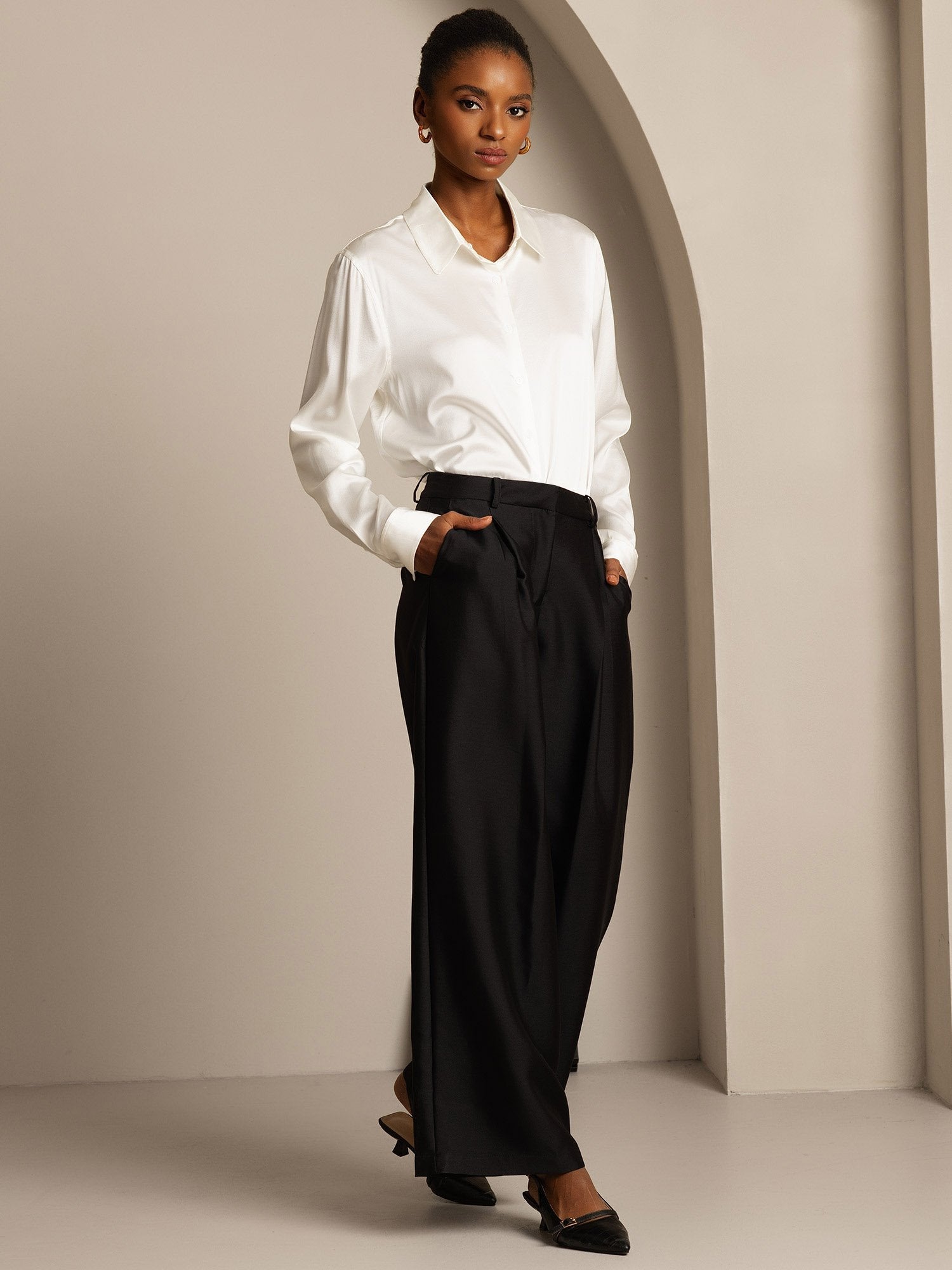 [Musta] SilkSilky-FI 32Momme Silk-Wool Blend Womens Pants 006,