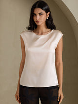 [Beige] SilkSilky-FI Cap Sleeve Round Neck Naisten T-paita 003