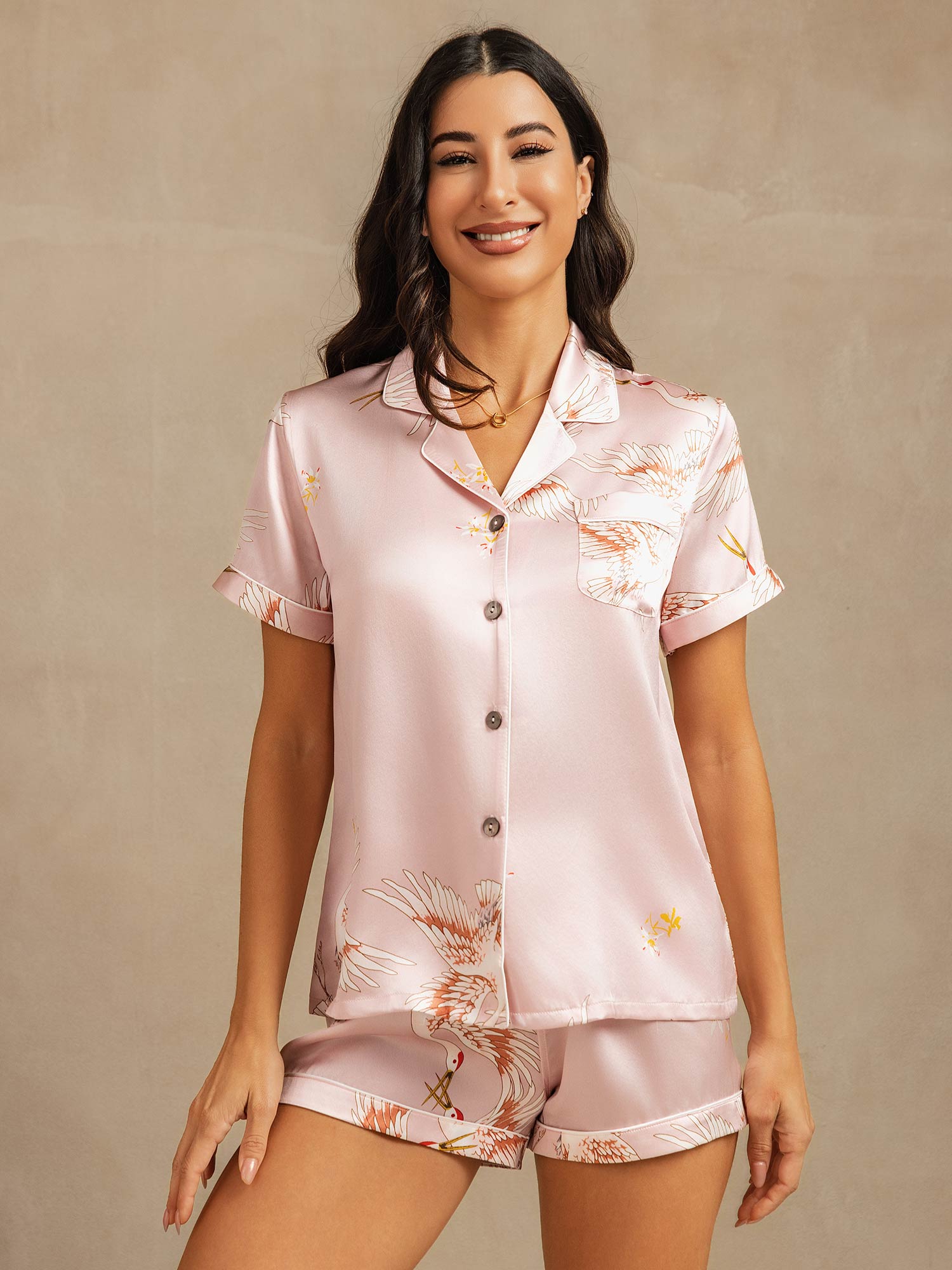 [Pinkki] SilkSilky-FI Short Sleeve Notkokaulus Naisten Pyjamat 001