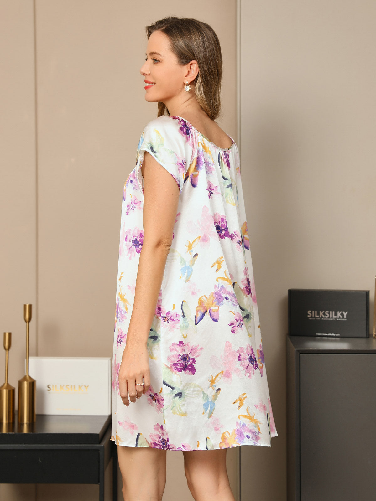 [Laventeli] SilkSilky-FI Pure Silk Cap Sleeve Tie Neck Yöpaita 002