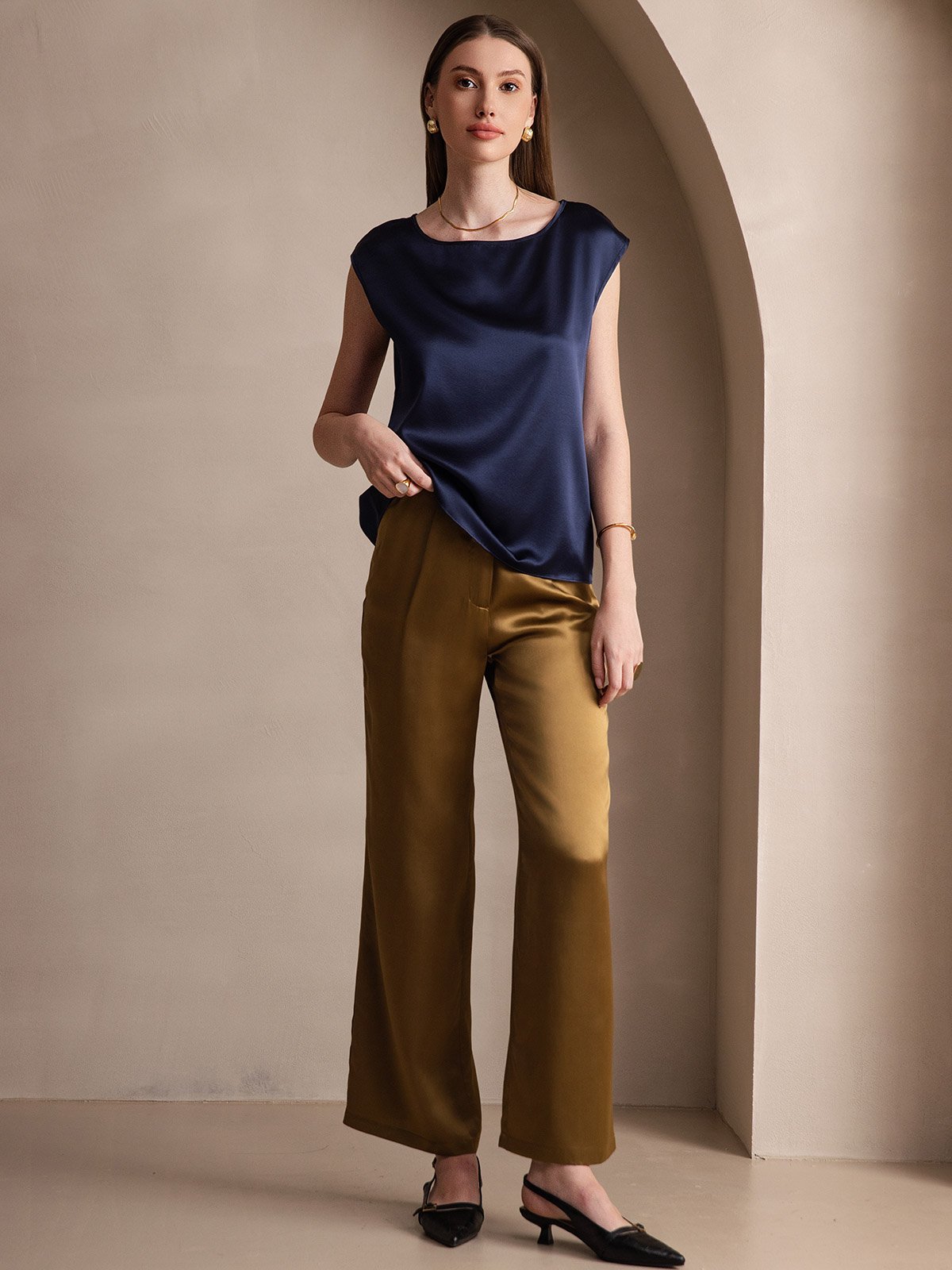 [Tummansininen] SilkSilky-FI 19Momme Womens T-Shirt 005