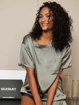 [Harmaanvihreä] SilkSilky-FI Short Sleeve Round Neck Naisten Pyjamat 005