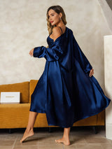 [Tummansininen] SilkSilky-FI Long Sleeve V Neck Yöpaita ja Aamutakkisetti 002