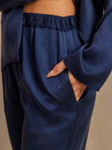 [Tummansininen] SilkSilky-FI 19Momme Pitkähihainen Notkokaulus Naisten Pyjamat 005