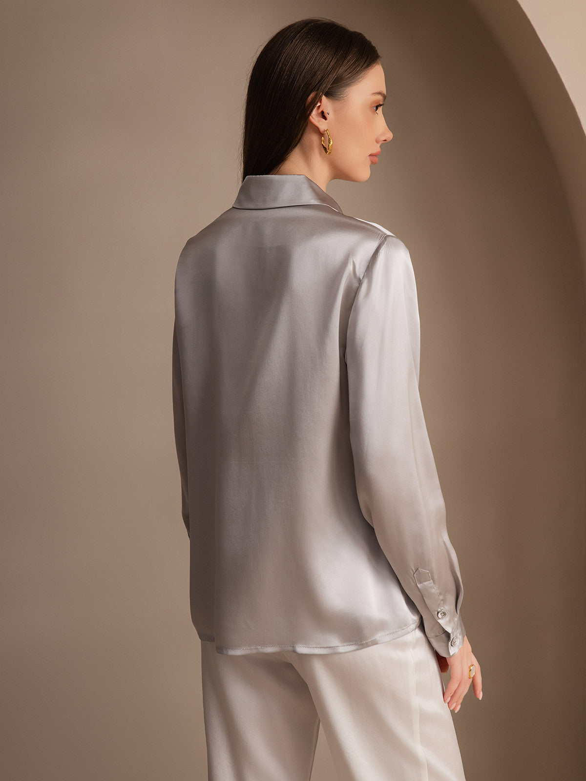 [Vaalean Harmaa] SilkSilky-FI 19Momme Lapel Collar Naisten paita 002