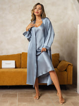 [Harmaansininen] SilkSilky-FI Long Sleeve V Neck Yöpaita ja Aamutakkisetti 005