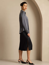[Tumman Harmaa] SilkSilky-FI Long Sleeve Lapel Collar Naisten paita 009