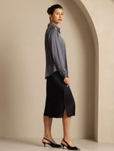[Tumman Harmaa] SilkSilky-FI Long Sleeve Lapel Collar Naisten paita 009