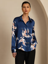 [Tummansininen] SilkSilky-FI Long Sleeve Lapel Collar Naisten paita 001