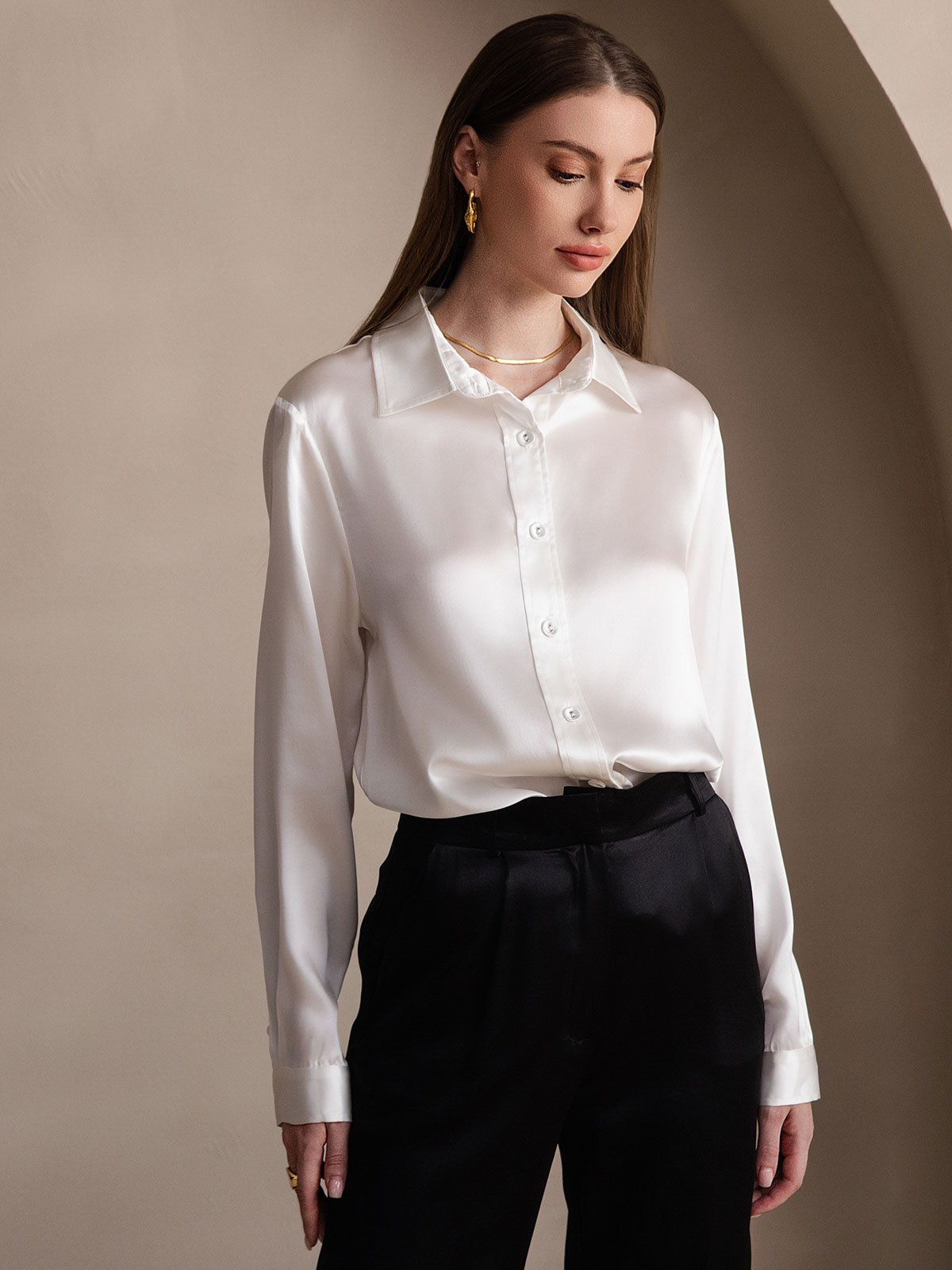 [Valkoinen] SilkSilky-FI 19Momme Silk Long Sleeve Collar Naisten paita 001