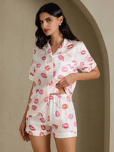 [Valkoinen Huulipuna] SilkSilky-FI Short Sleeve Notch Collar Naisten Pyjamat 003