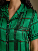 [Vihreä Ruudullinen] SilkSilky-FI Short Sleeve Notch Collar Naisten Pyjamat 005