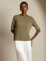 [Poltettu Oliivi] SilkSilky-FI Half Sleeve Crew Neck Naisten T-paita 005