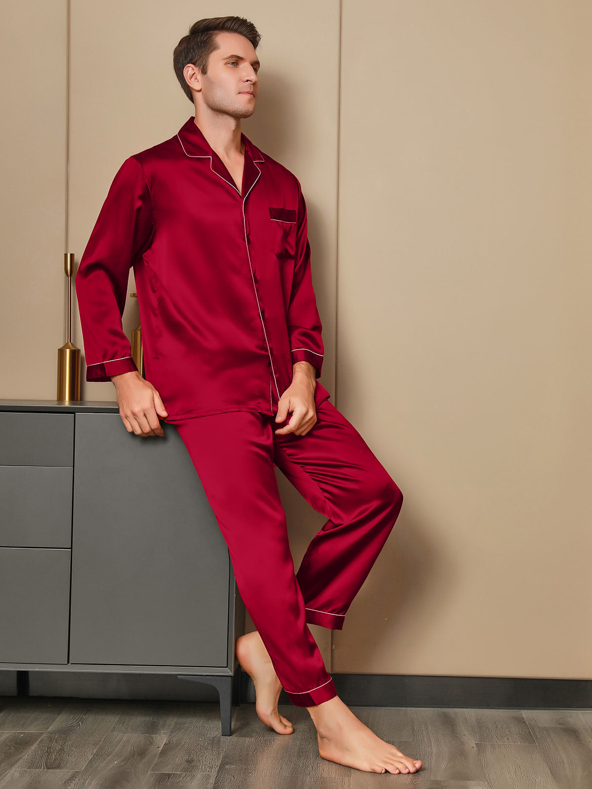 [Punainen] SilkSilky-FI Pitkähihainen Notkokaulus Miesten Pyjamat 001