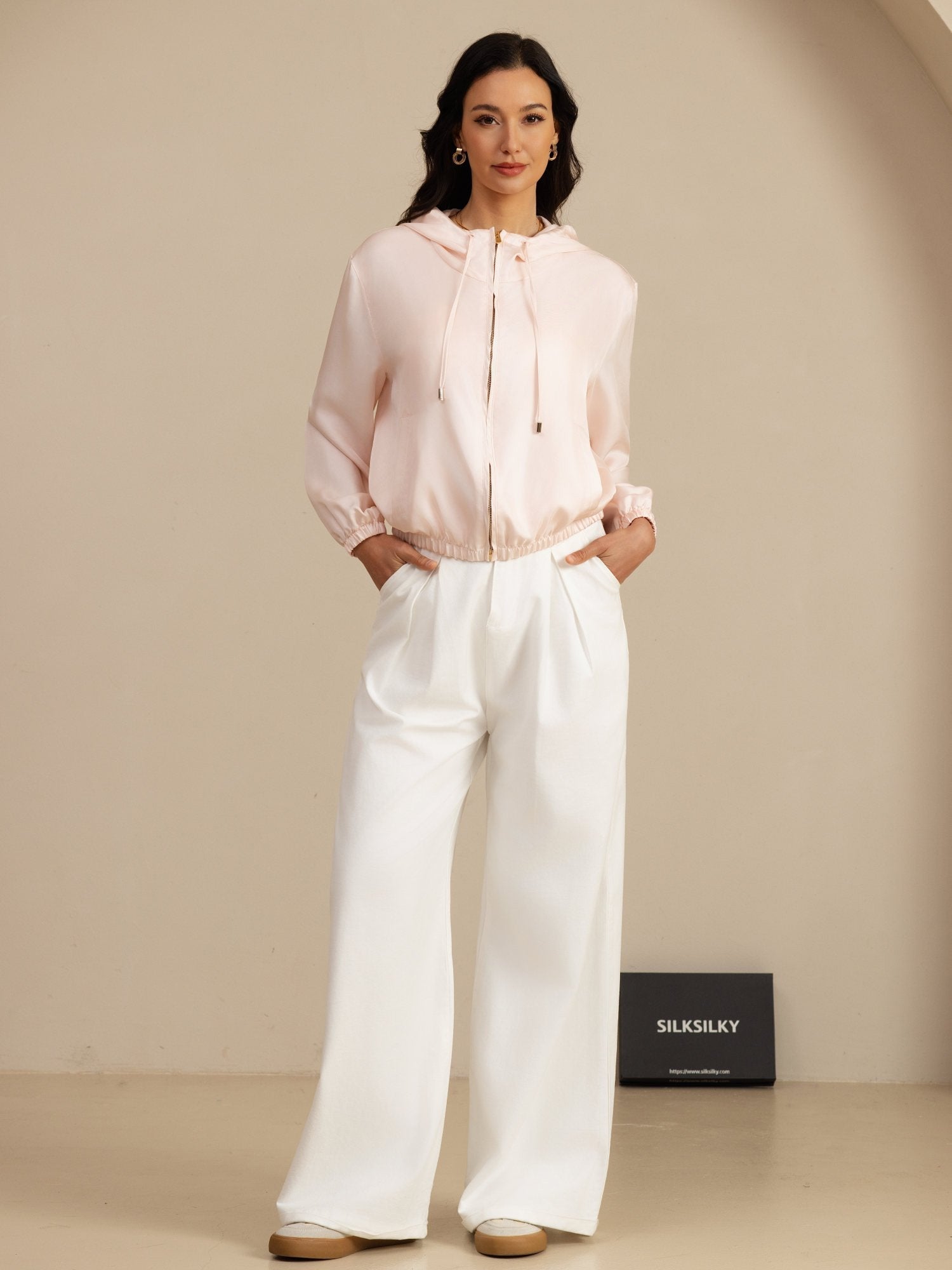 [Pinkki] SilkSilky-FI 18Momme Pitkähihainen Pystykaulus Naisten Päällysvaatteet 006