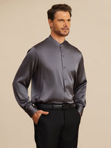 [Tumman Harmaa] SilkSilky-FI Long Sleeve Stand Collar Miesten Paita 005