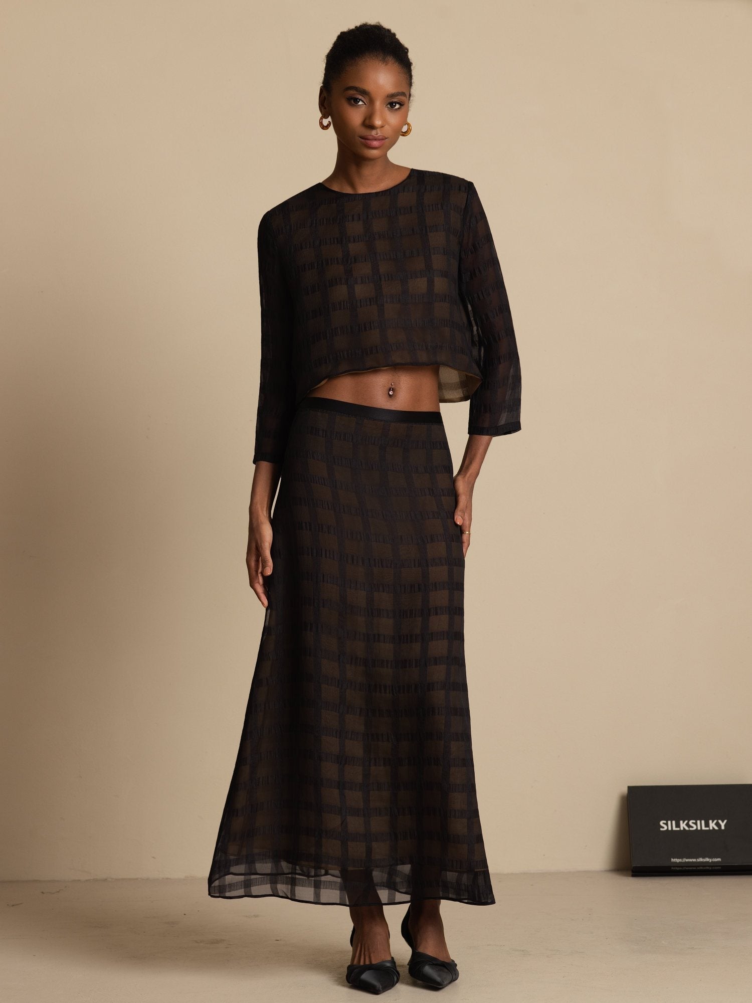 [Musta] SilkSilky-FI Puhdasta Silkkiä Pitkähihainen Pyöreä Pääntie Women''s Outfit Sets 001