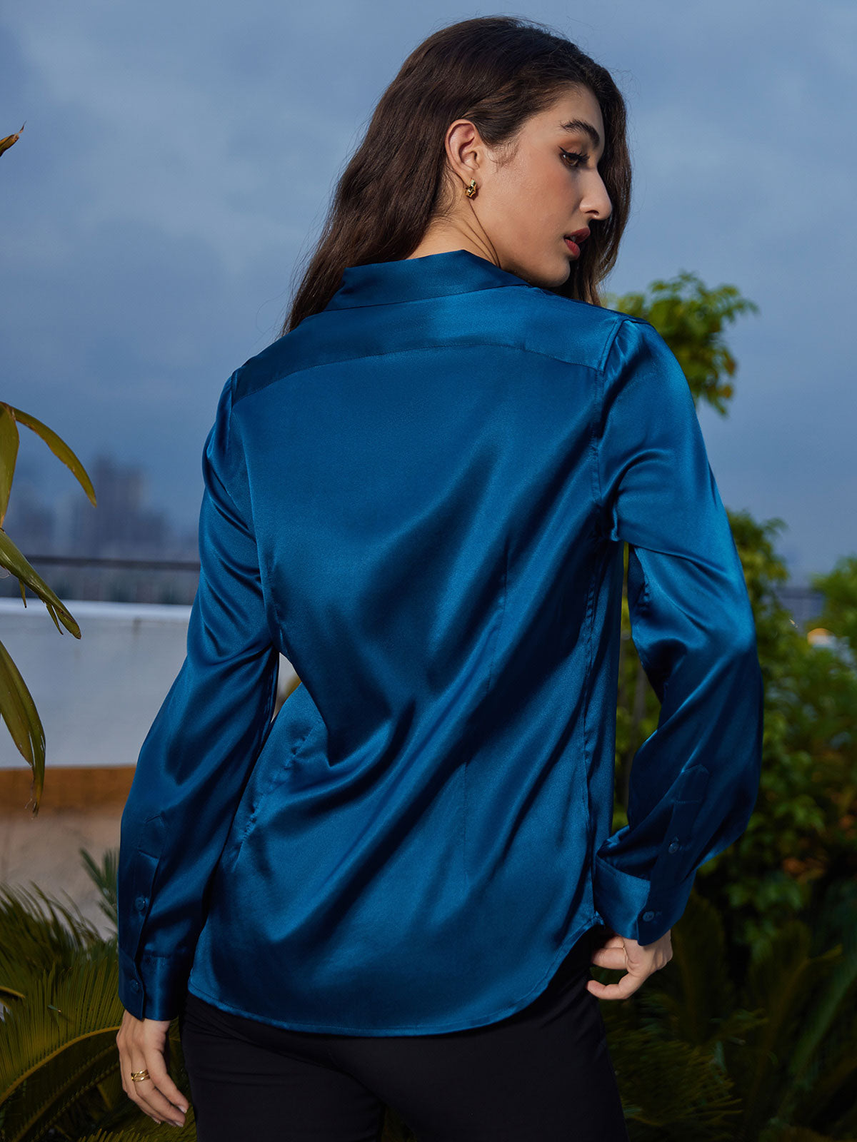 [Sinivihreä] SilkSilky-FI Long Sleeve Lapel Collar Naisten paita 002