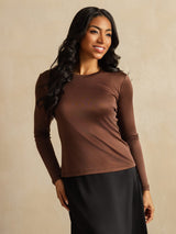 [Kahvi] SilkSilky-FI Long Sleeve Crew Neck Naisten T-paita 003