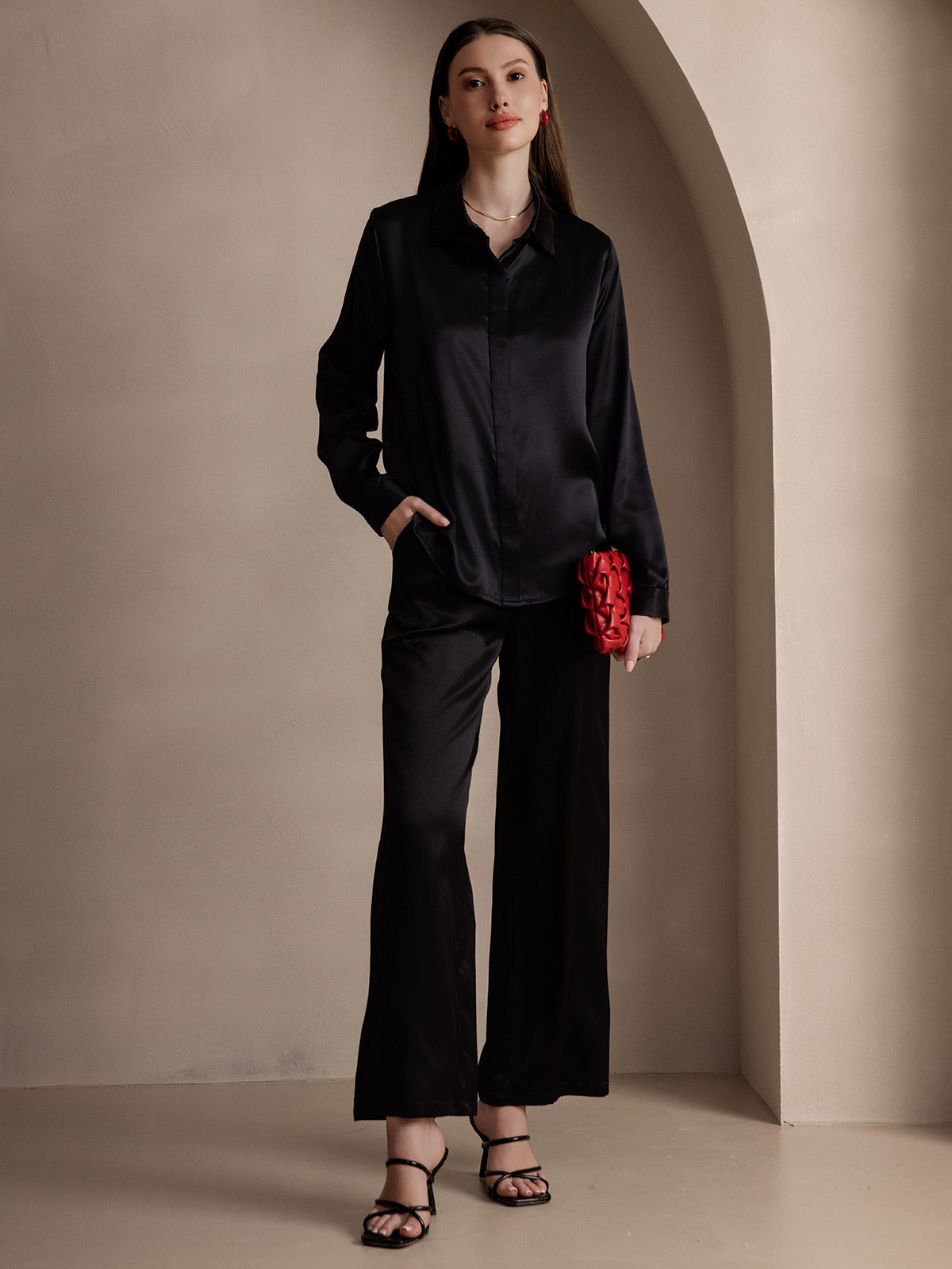 [Musta] SilkSilky-FI 19Momme Lapel Collar Naisten paita 007