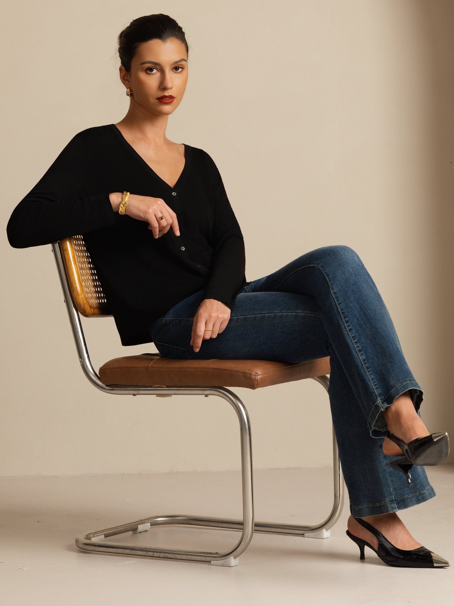 [Musta] SilkSilky-FI 19Momme Silkki Pitkähihainen V Pääntie Naisten Cardigan 007