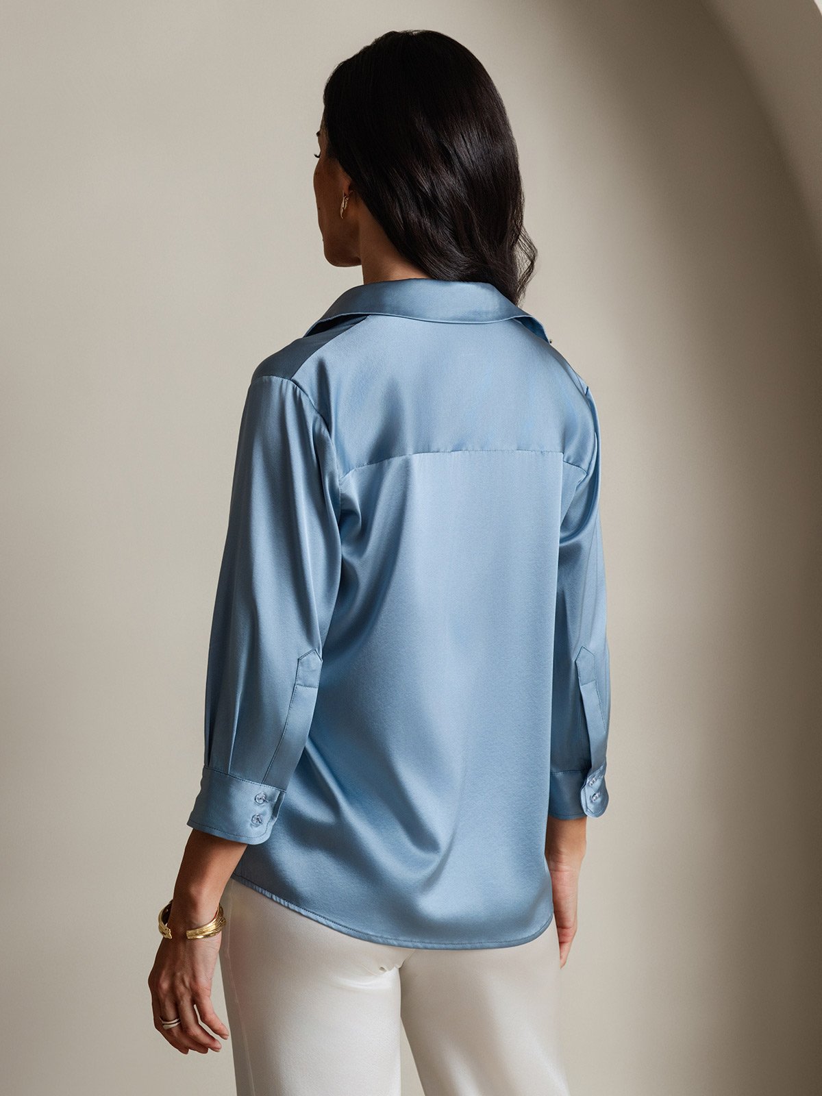 [Harmaansininen] SilkSilky-FI 3/4 Sleeve Lapel Collar Naisten paita 002