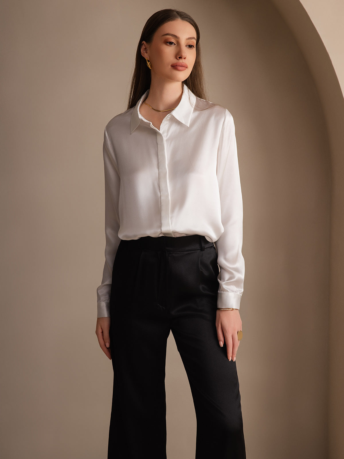 [Valkoinen] SilkSilky-FI 19Momme Lapel Collar Naisten paita 007