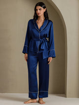 [Tummansininen] SilkSilky-FI Long Sleeve Shawl Collar Naisten Pyjamat 005