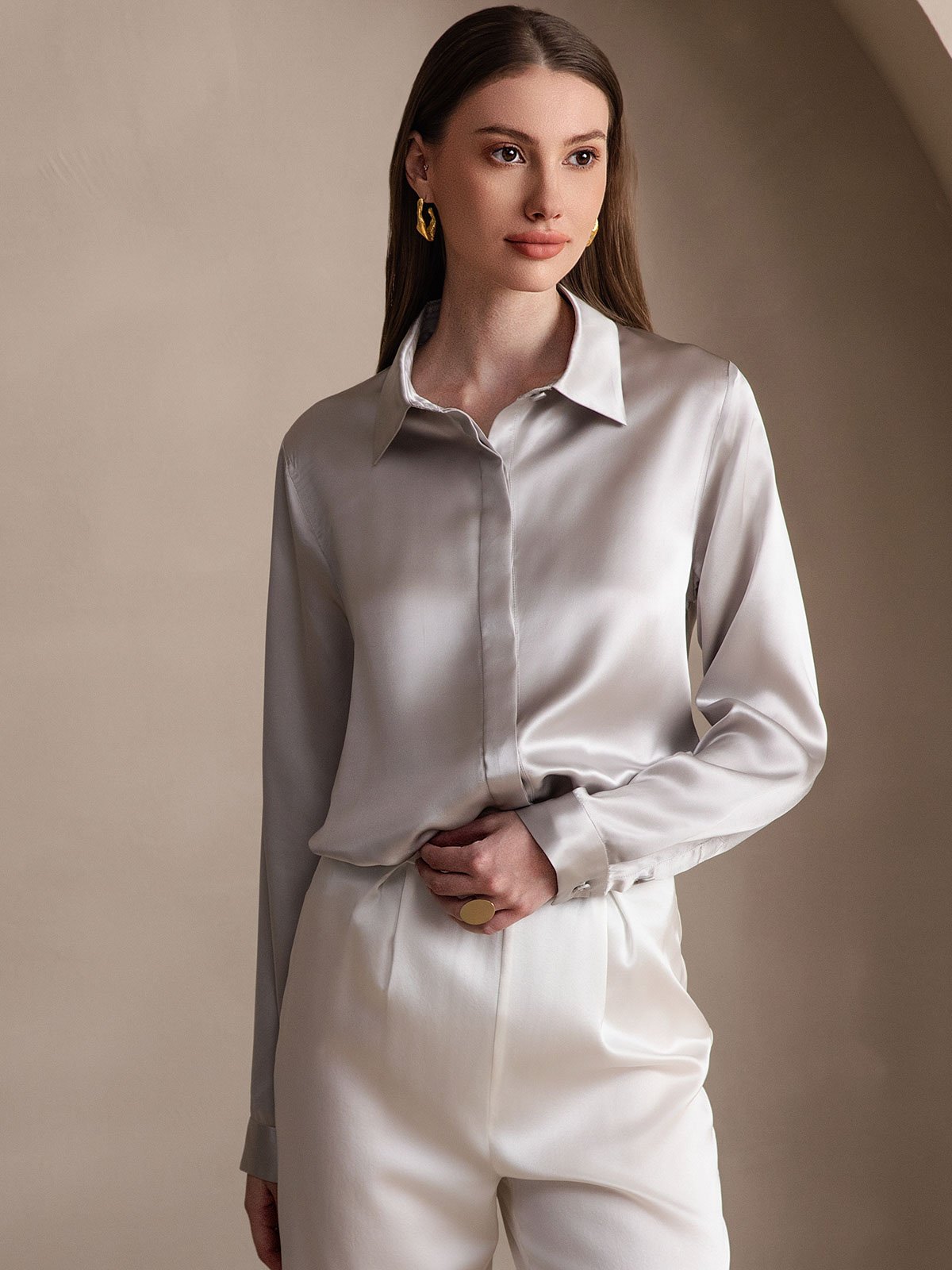 [Vaalean Harmaa] SilkSilky-FI 19Momme Lapel Collar Naisten paita 001