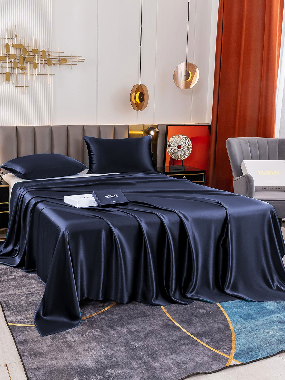 [Tummansininen] SilkSilky-FI 19Momme Bedding Set 003