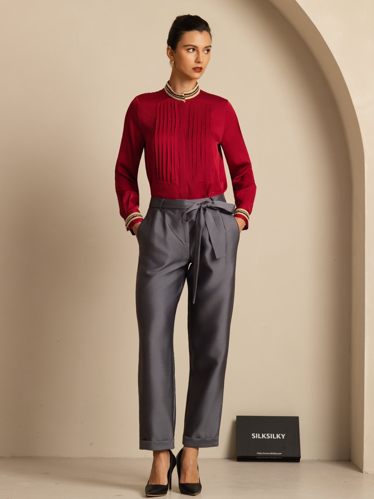 [Viini] SilkSilky-FI 19Momme Silkki Pitkähihainen Pystykaulus Pusero 008