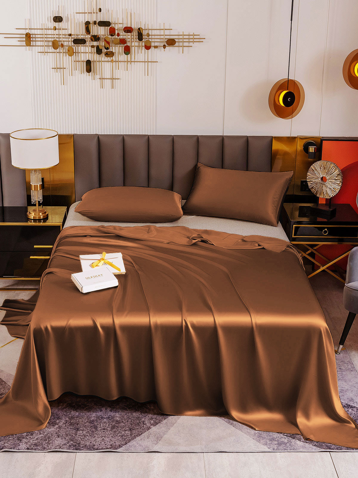 [Kahvi] SilkSilky-FI 19Momme Vuodevaatteet Setti 002