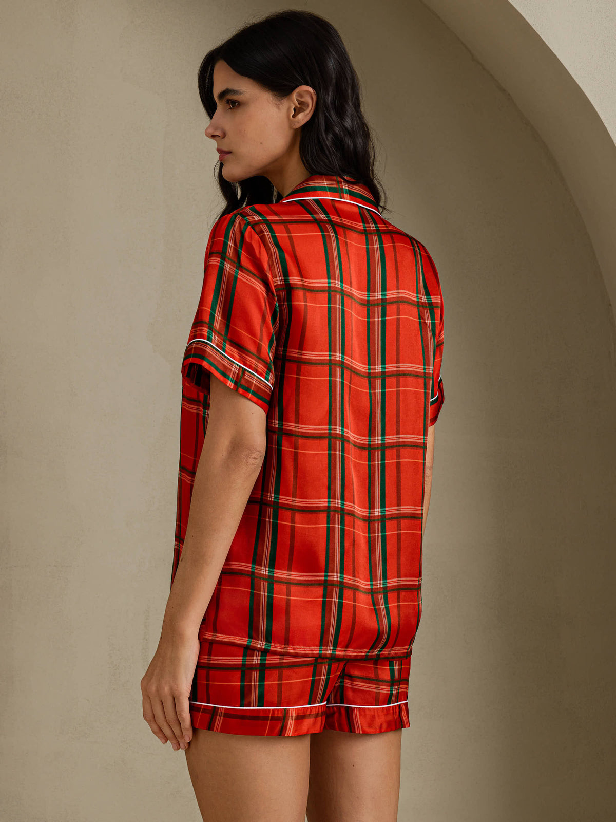 [Punainen Ruudullinen] SilkSilky-FI Short Sleeve Notch Collar Naisten Pyjamat 002