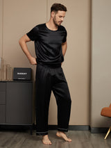 [Musta] SilkSilky-FI Pure Silk Short Sleeve Round Neck Miesten Pyjamat 004