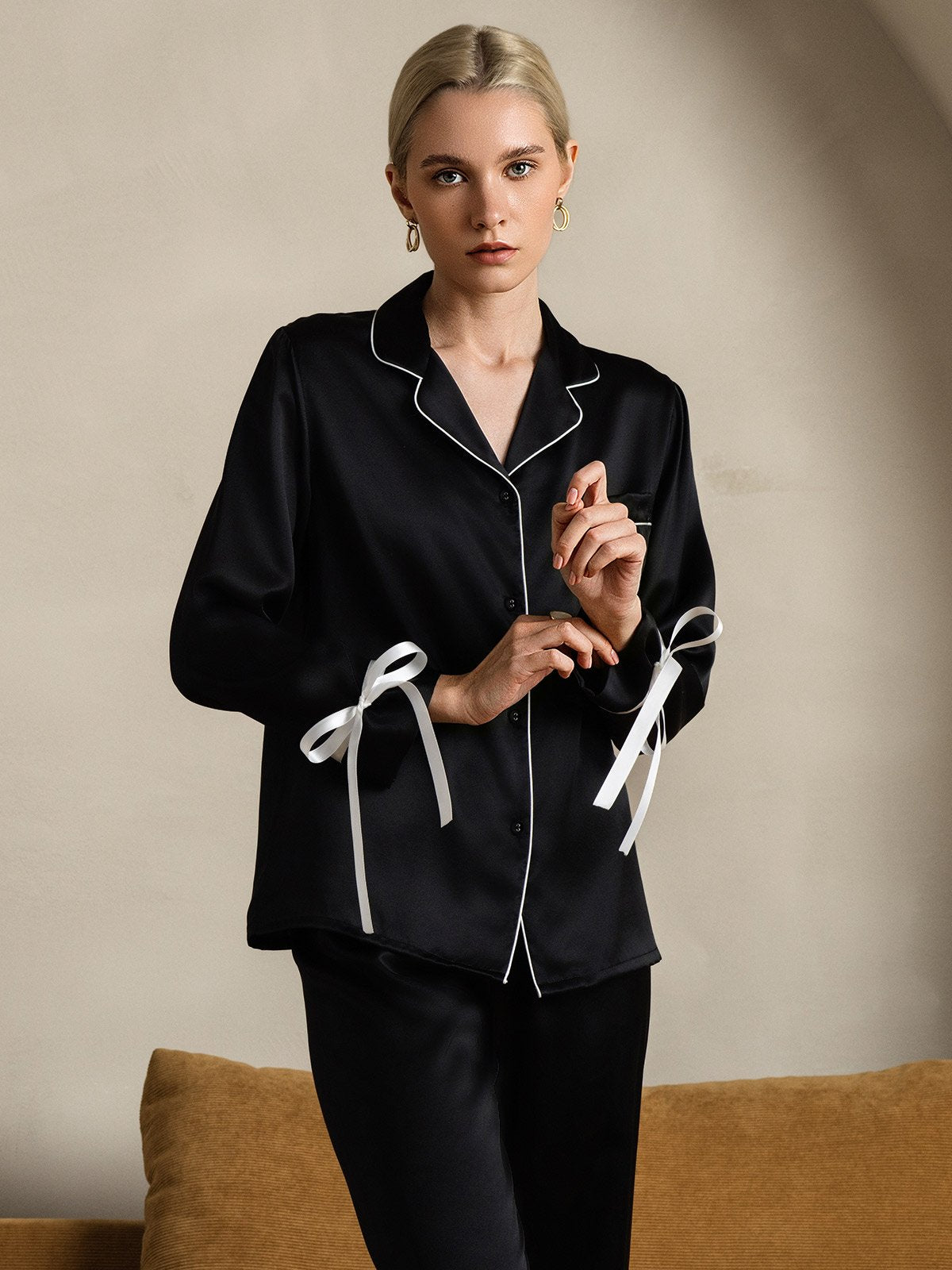 [Musta] SilkSilky-FI Pure Silk Long Sleeve Lapel Naisten Pyjamat 003